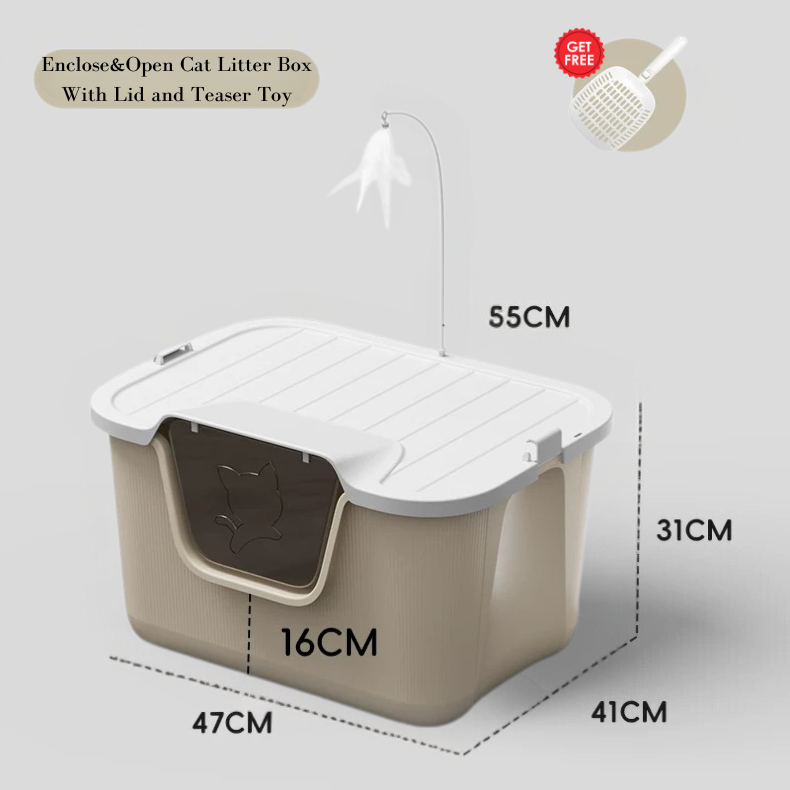 2 in 1 High Edge Large Cat Litter Box with Scoop and Teaser Toy