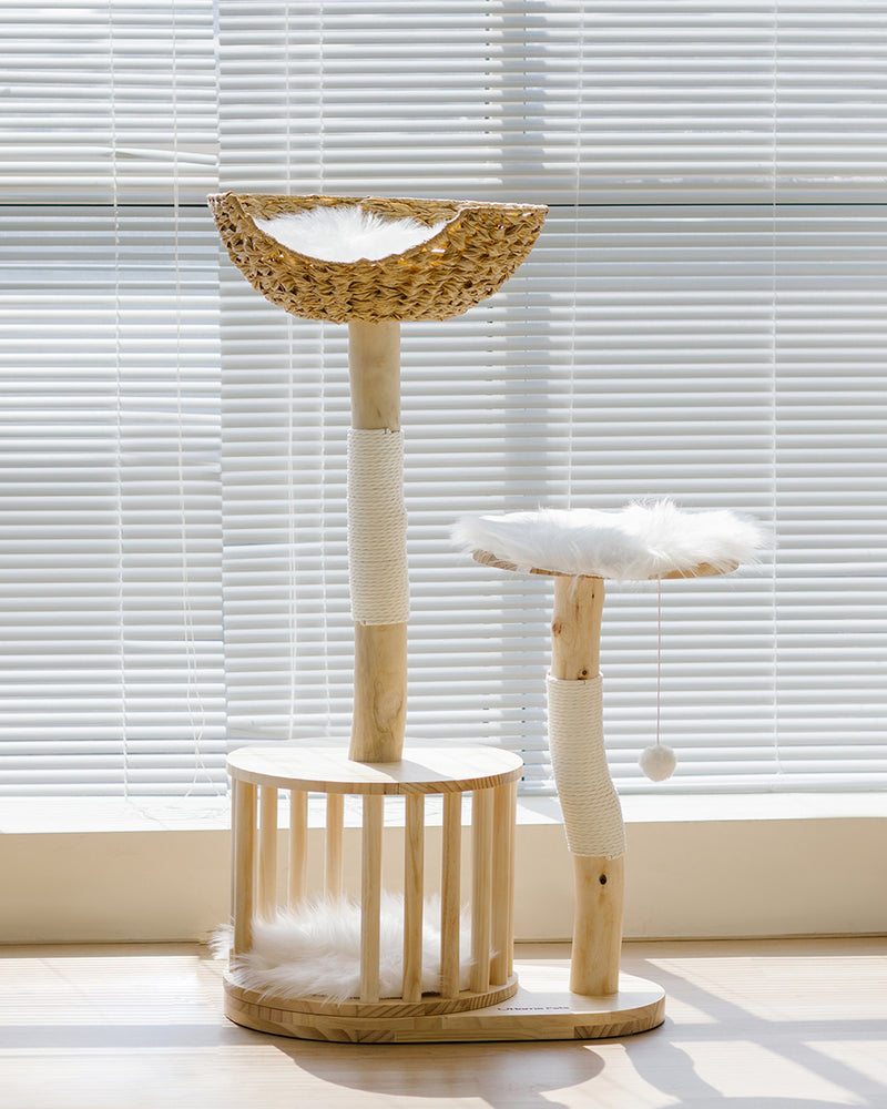 Premium Natural Wood Cat Climbing Tower with Spacious Wicker Nest