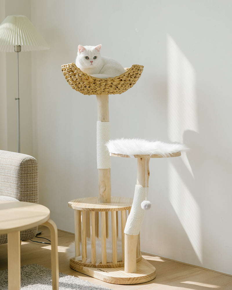 Premium Natural Wood Cat Climbing Tower with Spacious Wicker Nest