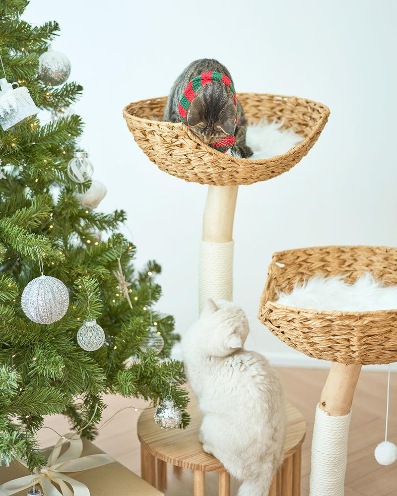 Premium Natural Wood Cat Climbing Tower with Spacious Wicker Nest